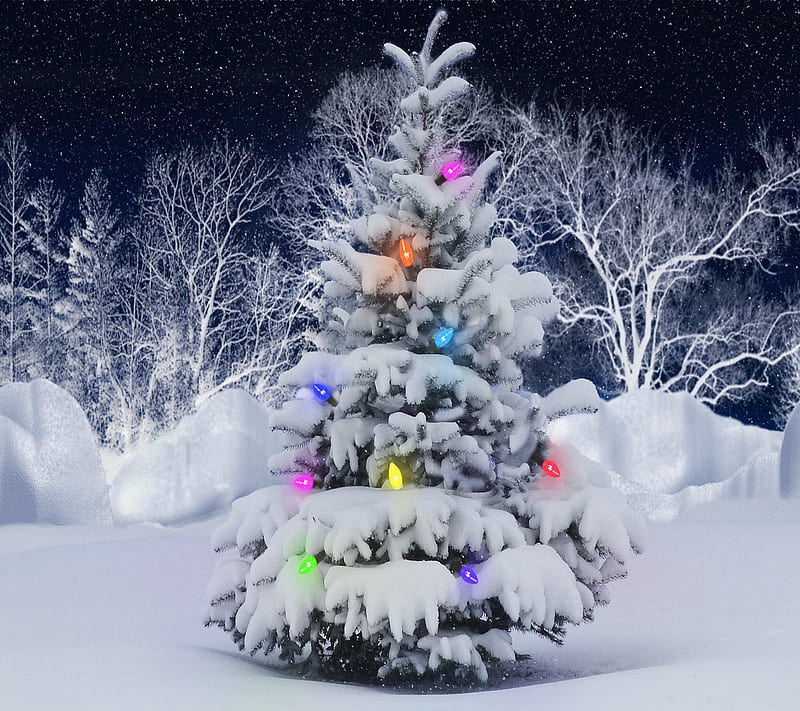 christmas tree, decorations, glow, lights, snow, winter, HD wallpaper