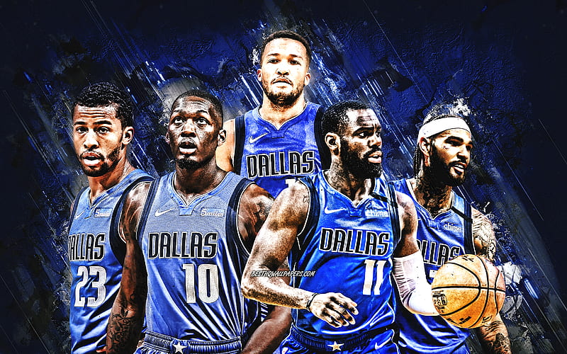 Dallas Mavericks, American basketball team, NBA, blue stone background, basketball, Tim Hardaway, James Johnson, Joshua Richardson, HD wallpaper