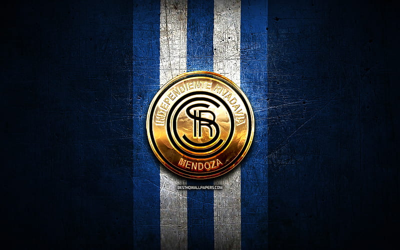 Independiente Rivadavia FC, golden logo, Primera Nacional, blue metal background, football, argentinian football club, Independiente Rivadavia logo, soccer, Argentina, CS Independiente Rivadavia, HD wallpaper