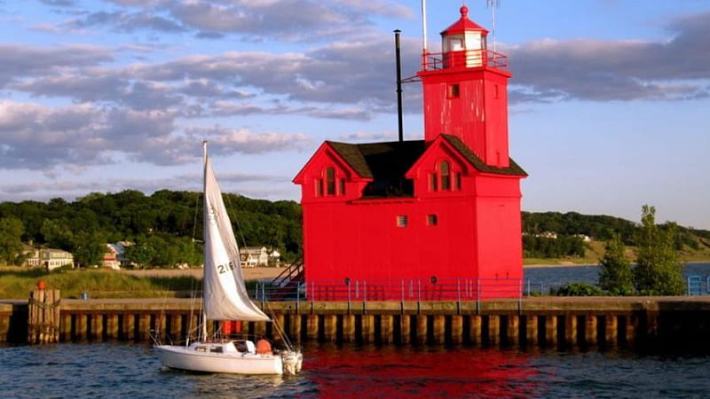 Red Lighthouse, red, boats, pier, nature, trees, sky, lighthouse, sea, HD wallpaper