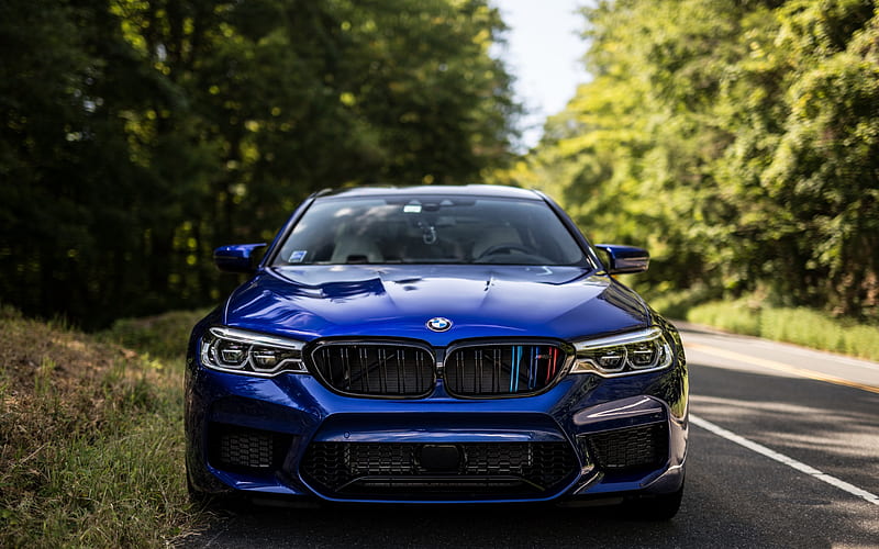 BMW M5, F90, 2018, front view, M package, tuning M5, new blue M5, sport sedans, BMW, HD wallpaper