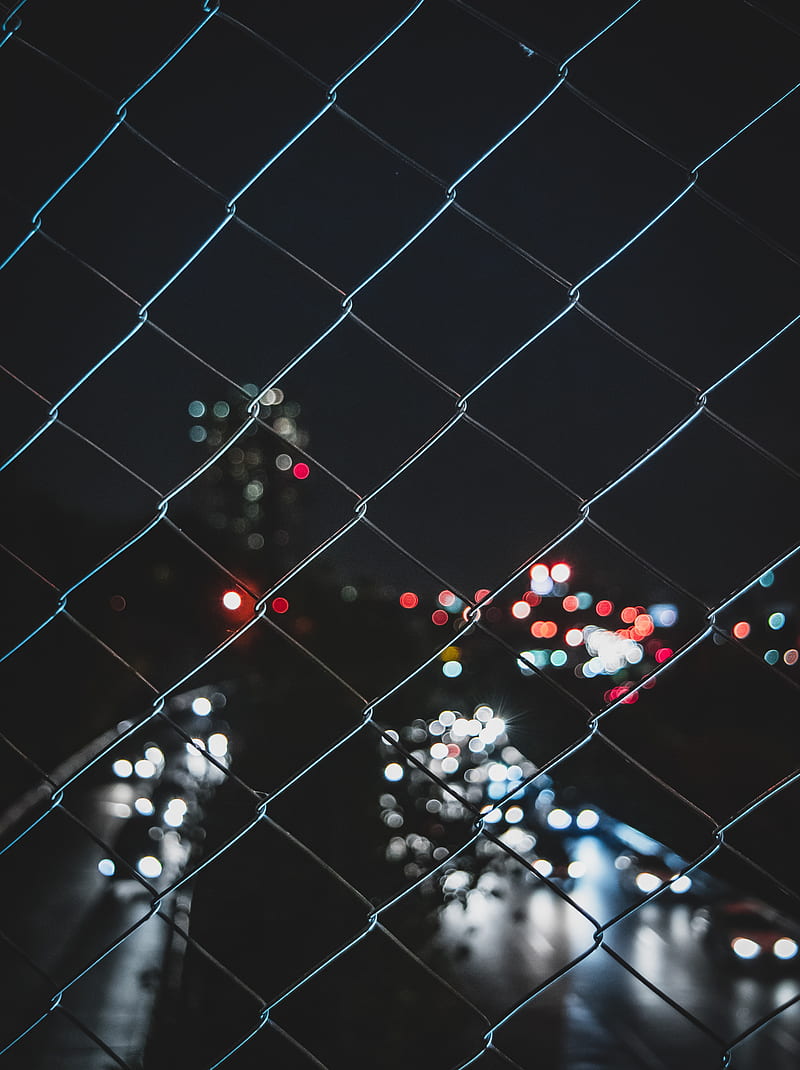 mesh, metal, fence, dark, glare, lights, HD phone wallpaper