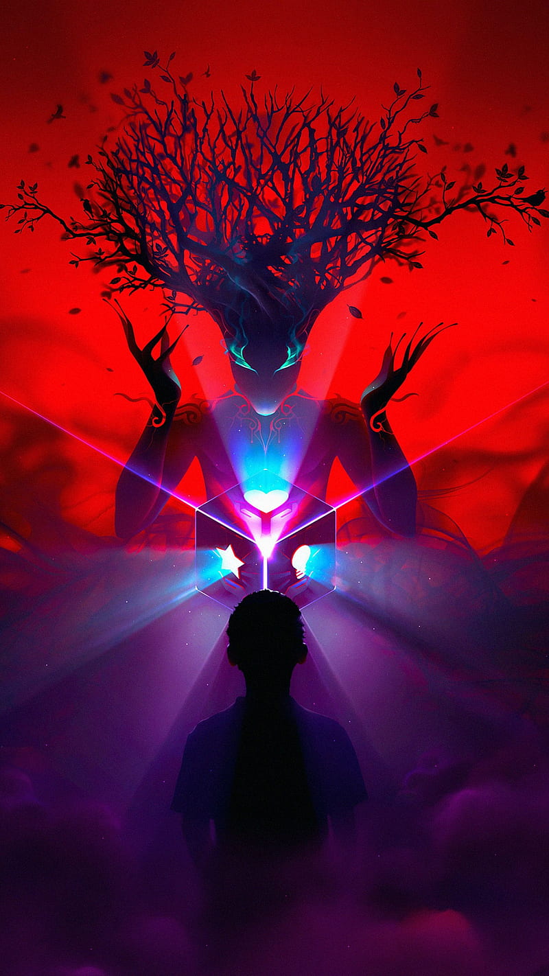 Tree Man Art , red, fantastic, silhouette, alien, ghost, horror, mystry, HD phone wallpaper