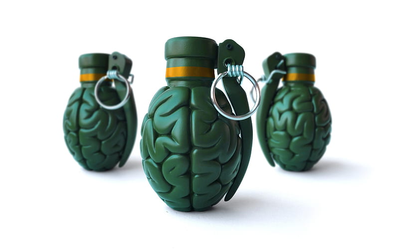 3d grenade, green grenade, 3d brain, brainstorm, HD wallpaper