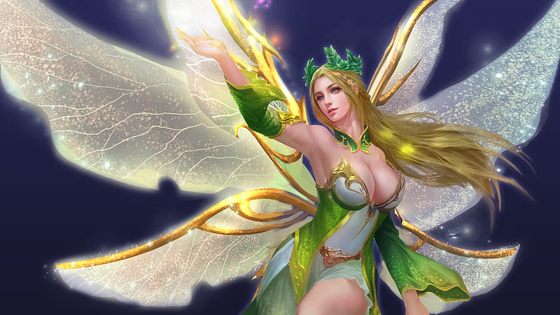 Fairy, luminos, green, girl, white, wings, frumusete, superb, fantasy, gorgeous, HD wallpaper