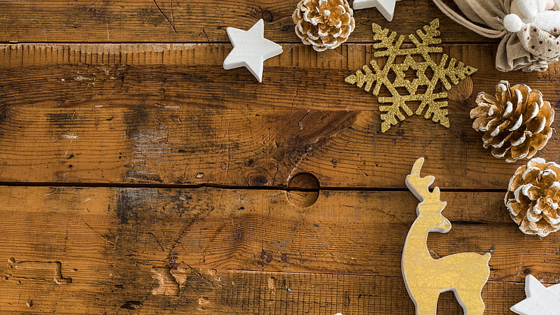 Christmas Ornaments Reindeer Snowflake Star Wood On Table Snowflake, HD wallpaper