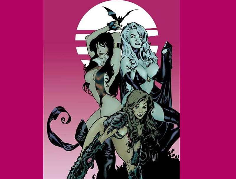 Three Gothic Women, moon, boots, full moon, bat, comics, women, HD wallpaper