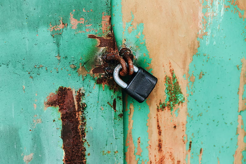 black padlock on blue and brown wooden door, HD wallpaper