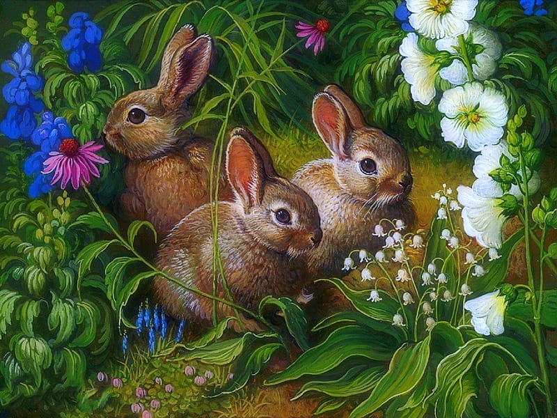 Three Explorers, paintings, flowers, rabbits, love four seasons, garden, nature, spring, animals, HD wallpaper
