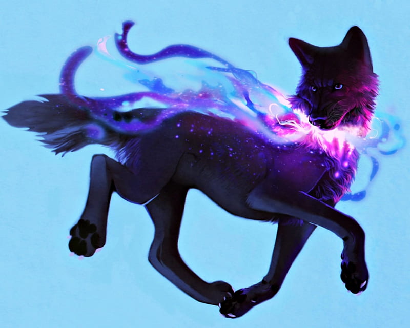 Space walker, definedead, art, luminos, black, fantasy, wolf, pink, blue, HD wallpaper