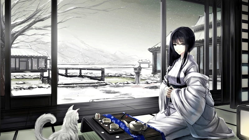 Día de invierno, manga, negro, gato, mujer, kimono, geisha, invierno, niña,  anime, Fondo de pantalla HD | Peakpx