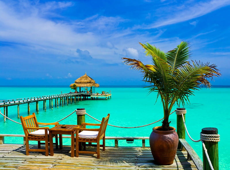 Rest on the tropics, hut, bungalow, breeze, cabin, clouds, sea, palm trees, beach, boat, green, chairs, tropics, table, rest, cocktail, exotic, ocean, pier, emerald, sky, palms, divers, water, paradise, nature, tropical, HD wallpaper
