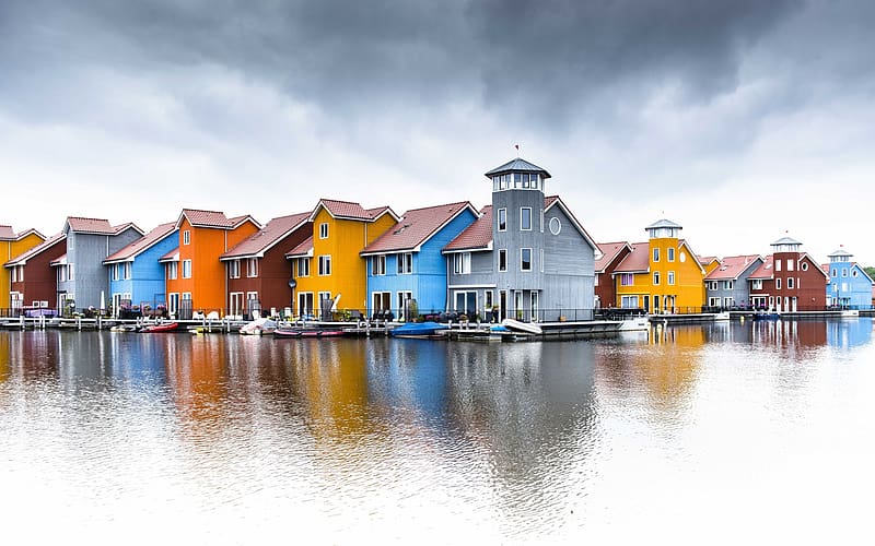 Lake, House, Colors, Colorful, Netherlands, Town, Groningen, , Towns, HD wallpaper