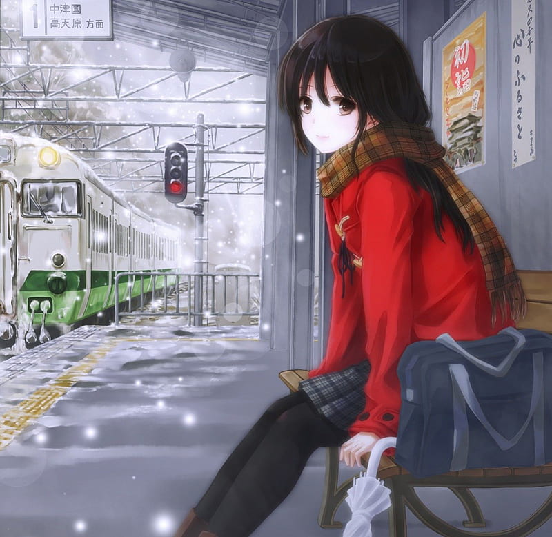 Train Station, pretty, sweet, cold, nice, train, anime, hot, anime girl, long hair, female, lovely, sexy, winter, cute, girl, snow, ze, scarf, station, HD wallpaper