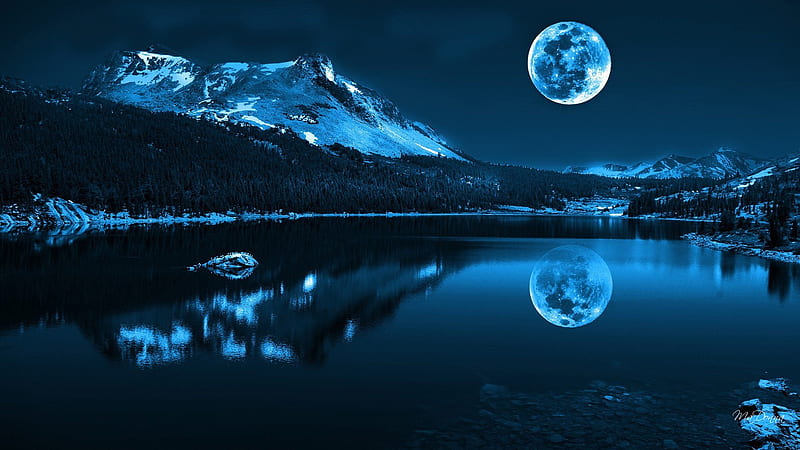 Evening is Nigh, bonito, trees, lake, winter, cold, moon, snow, mountains, reflection, in lake, blue, HD wallpaper