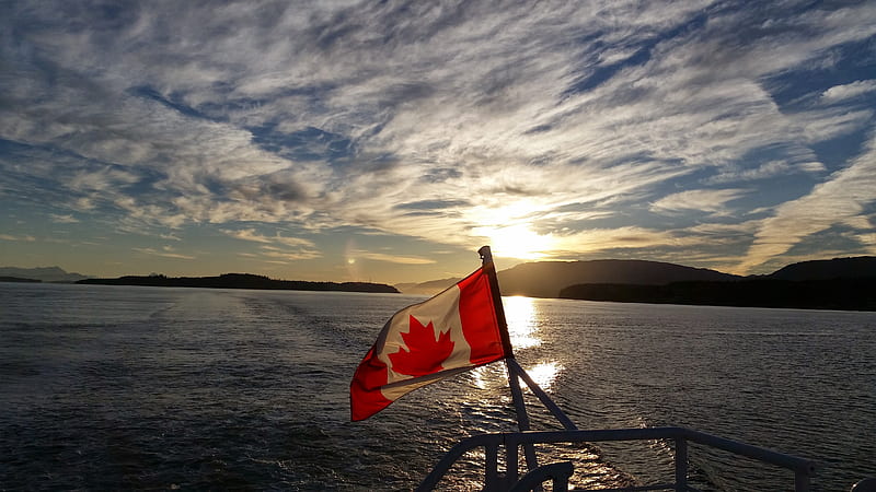 Morning sun, canadian flag, pacific ocean, morning commute, HD wallpaper