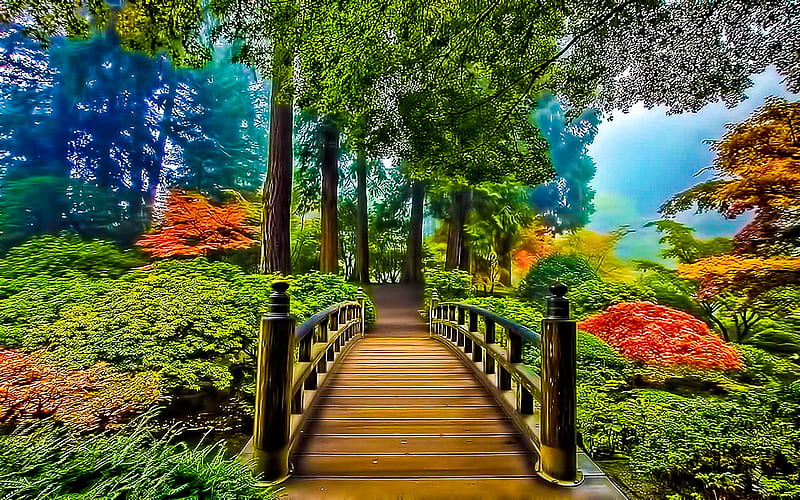 Bridge Of Prosperity, autumn, orange, yellow, trees, bushes, green, bridge, beauty, garden, nature, misty, rails, landscape, HD wallpaper