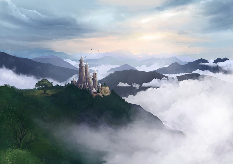 castle, fog, art, HD wallpaper
