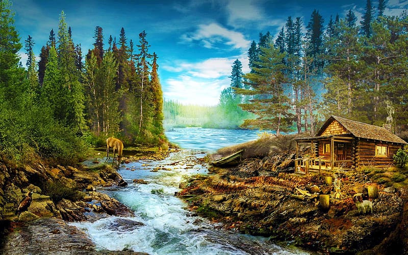 Log Cabin By The Rapids, trees, river, forest, stones, painting, HD ...