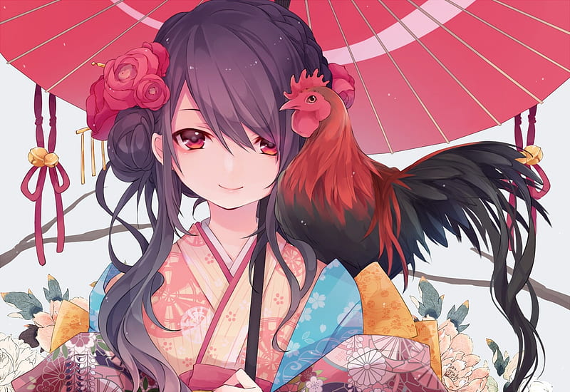 anime girl, kimono, brown hair, smiling, rooster, japanese clothes, umbrella, Anime, HD wallpaper