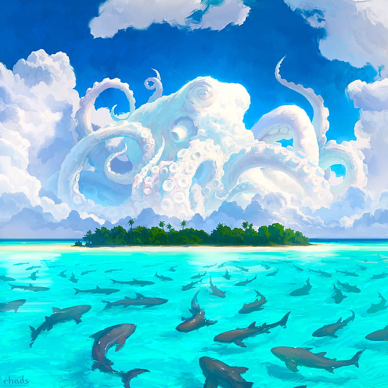 digital art, artwork, painting, octopus, island, shark, HD phone wallpaper