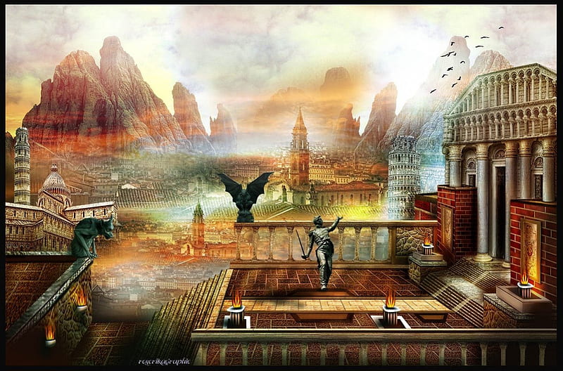 ✫The Roman City✫, architecture, attractions in dreams, decors, bonito, most ed, digital art, paintings, statue, brick, texture, landscapes, scenery, magnificent, animals, flying birds, lovely, birds, flames, mixed media, mountains, soil brick walls, Roman City, HD wallpaper
