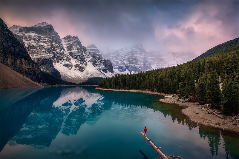 Lakes, Lake, Canadian Rockies, Man, Moraine Lake, Mountain, Reflection, HD wallpaper