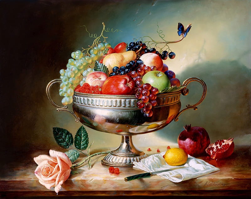 ✿⊱•╮Fruit Bowl╭•⊰✿, pretty, lovely still life, lovely, fruits, love four seasons, bonito, creative pre-made, roses, still life, paintings, flowers, butterfly designs, bowl, HD wallpaper