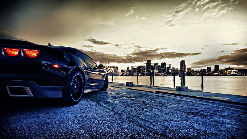 chevrolet camero on the waterfront, city, bay, waterfront, car, HD wallpaper