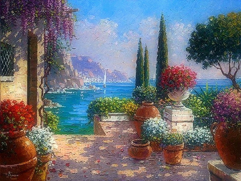 ✫Garden Terrace - Amalfi✫, getaways, tourists, oceans, stunning, gardening, Italy, panoramic view, attractions in dreams, bonito, most ed, seasons, hotels, paintings, boats, flowers, seaside, cities, scenery, romantic, colors, love four seasons, places, creative pre-made, terrace, Amalfi, travels, summer, nature, popular, sailboats, HD wallpaper