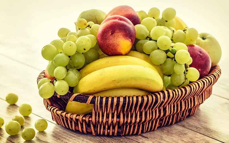 fruit basket, bananas, grapes, peaches, vitamins, ripe fruits, HD wallpaper