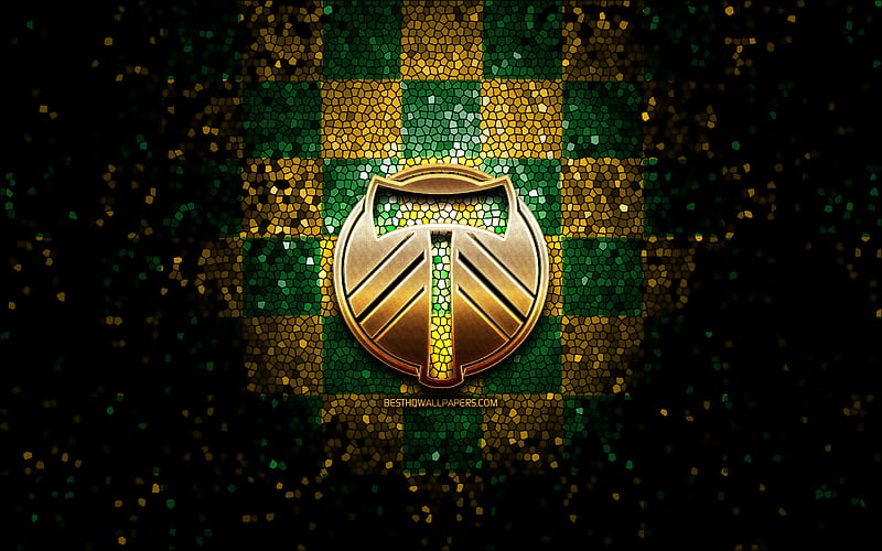 Portland Timbers FC, glitter logo, MLS, green yellow checkered background, USA, Portland Timbers, Major League Soccer, Portland Timbers logo, mosaic art, soccer, football, America, Portland Timbers new logo, HD wallpaper