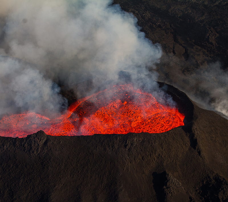 Cauldron, fire, lava, magma, mountain, smoke, volcano, HD wallpaper