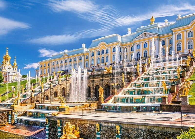 Peterhof Castle, St. Petersburg, Russia, building, fountain, stairs, clouds, sky, HD wallpaper