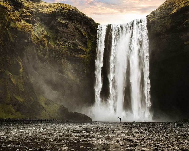 waterfall, cascade, lonely man, relaxing, Nature, HD wallpaper