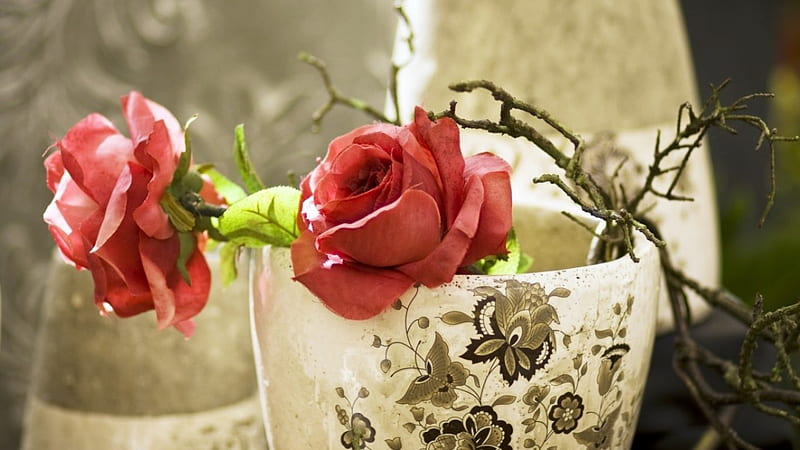 Roses, pattern, red, artificial flowers, thread, fabric, vase, HD wallpaper