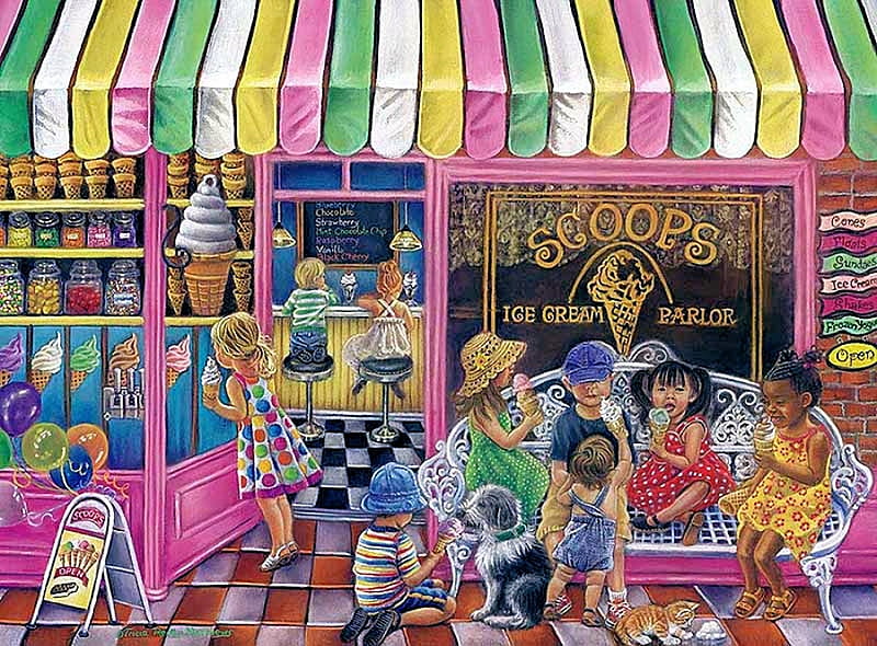 Scoop's Ice Cream, shop, window, painting, children, artwork, door, HD wallpaper