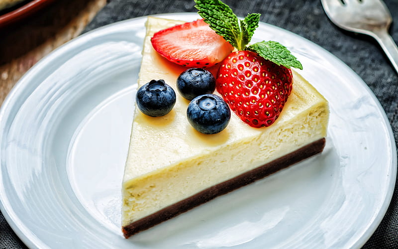 cheesecake with berries, strawberries, blueberries, cakes, sweets, cheesecake, HD wallpaper