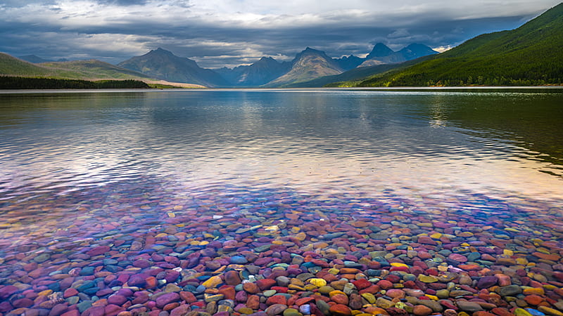 Beautiful Greenery Mountain Calm Body Of Water Colorful Pebbles Nature, HD wallpaper
