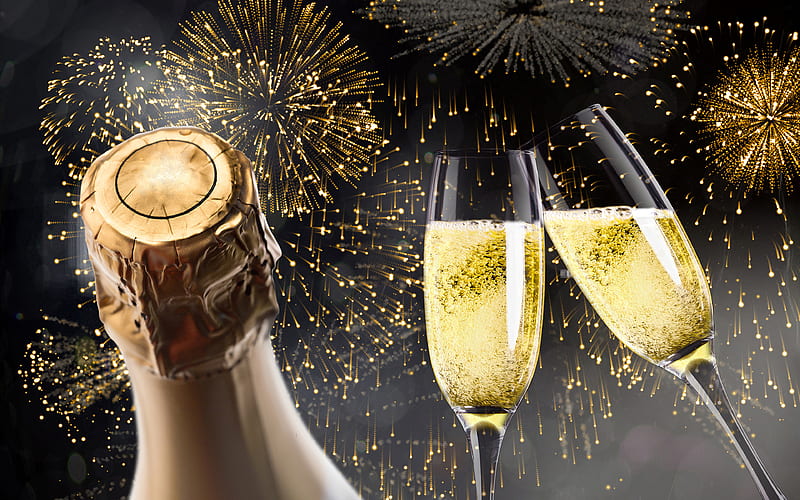 Happy New Year glasses of champagne, fireworks, New years night, champagne, Merry Christmas, HD wallpaper