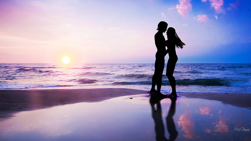 Love on the Beach, warm, romantic, sunset, sky, silhouette, happy, sea,  beach, HD wallpaper | Peakpx
