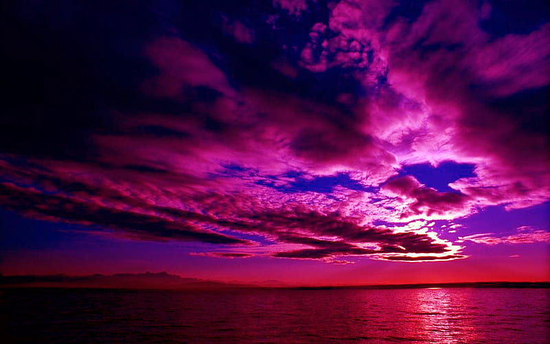 Purple Sky, red, pretty, bonito, sunset, clouds, sea, wave, graphy, calm, beauty, reflection, pink, blue, view, ocean, sky, lake, nature, HD wallpaper