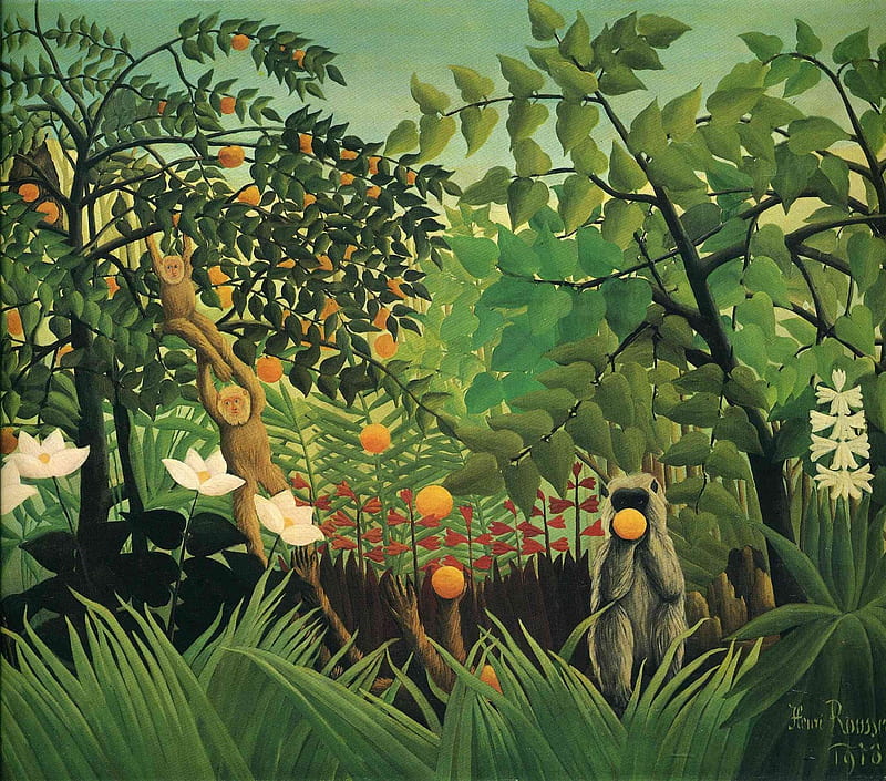 Monkey, art, green, orange, painting, henri rousseau, HD wallpaper