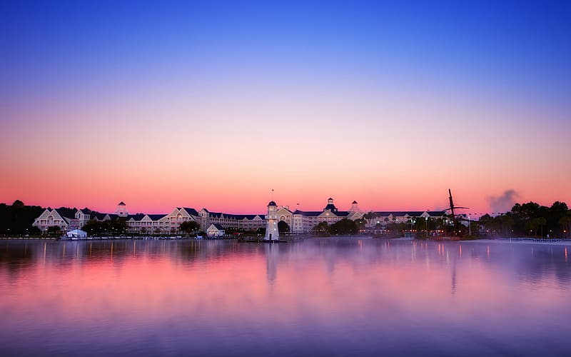 Sunset, Reflection, Sunrise, Dusk, Lighthouse, Town, Scenic, , Towns, HD wallpaper