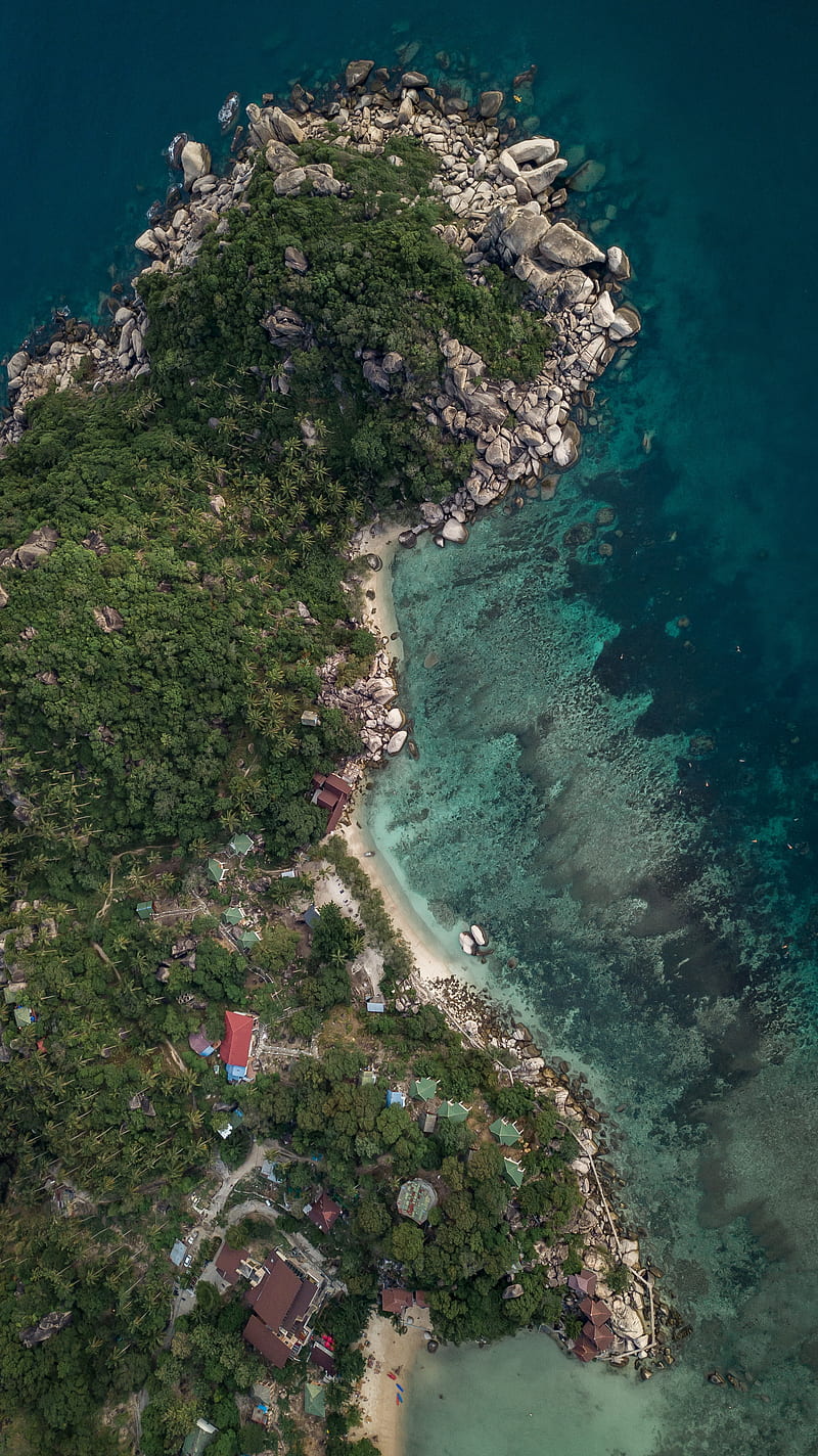 bird's eye view, ocean, aerial view, drone shot, houses, trees, Nature, HD phone wallpaper