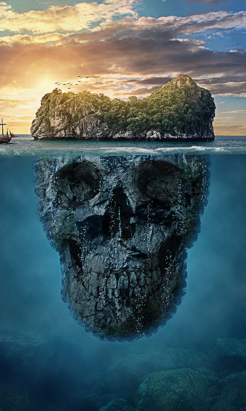 Deadly Island, blue, skull, space, HD phone wallpaper