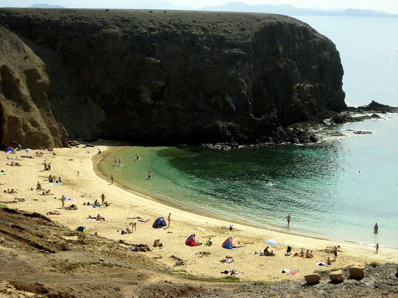 Papagayo beach Lanzarote, ocean, sea, beach, mountain, sand, beaches, people, summer, nature, blue, HD wallpaper