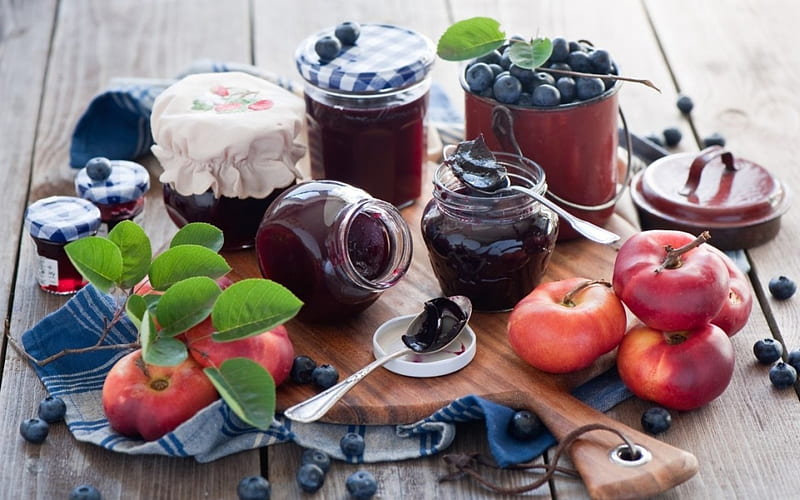 Fresh Fruits, iam, blueberries, jars, peaches, HD wallpaper