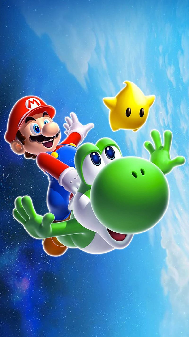 Super Mario black, blue, galaxy, game, green white, red, yellow, yoshi, HD phone wallpaper