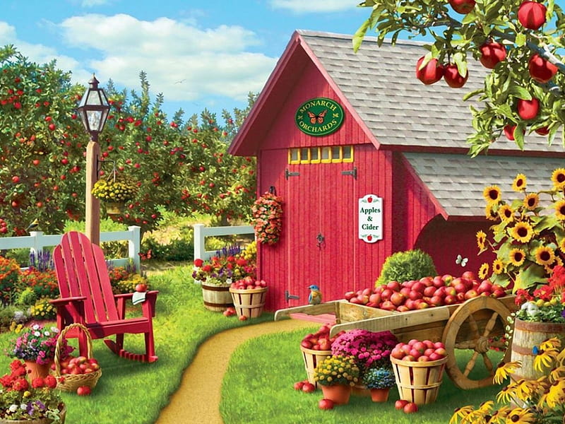 the little farm, apple, farm, fall, autumn, cottage, HD wallpaper
